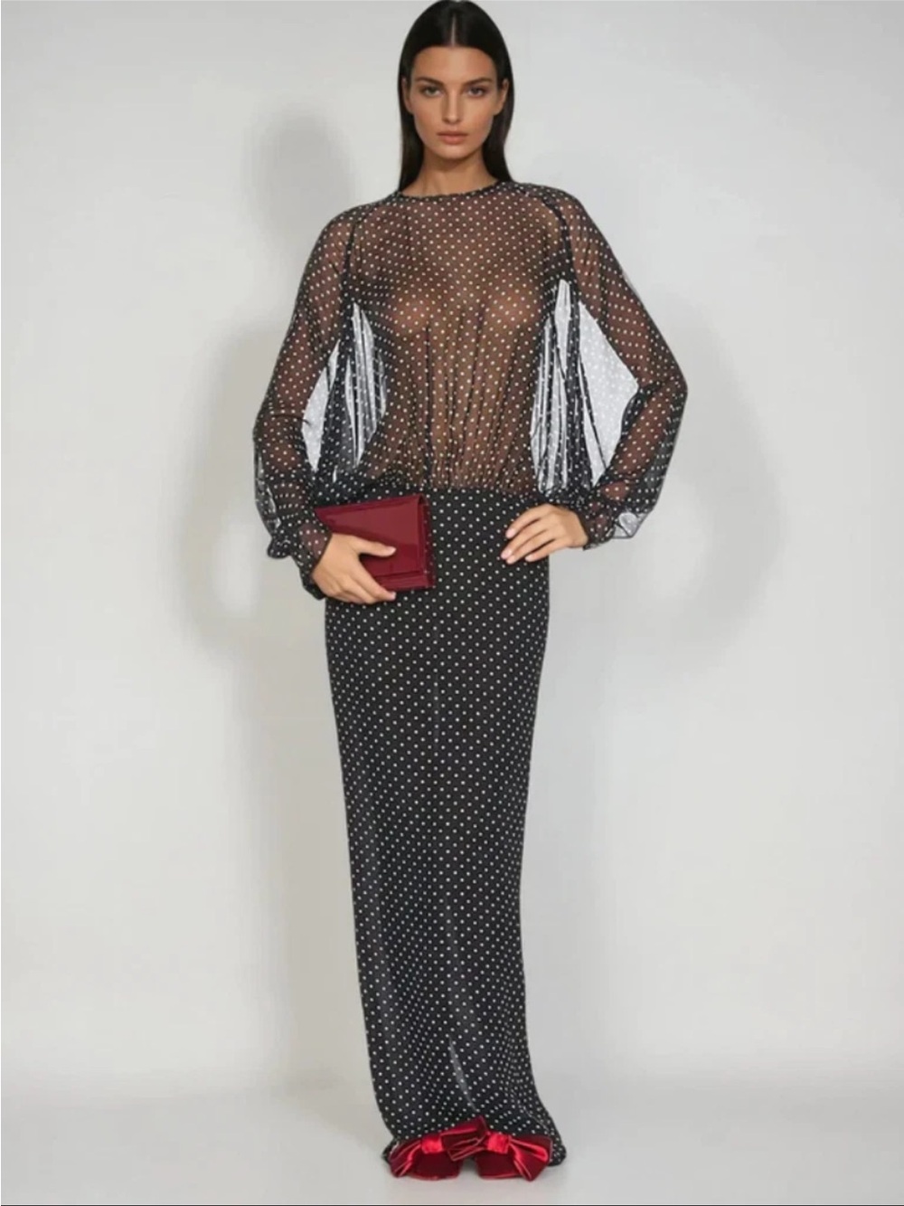 Black Polka Dot Maxi Dress — Sheer Sleeve Elegant Evening Dress